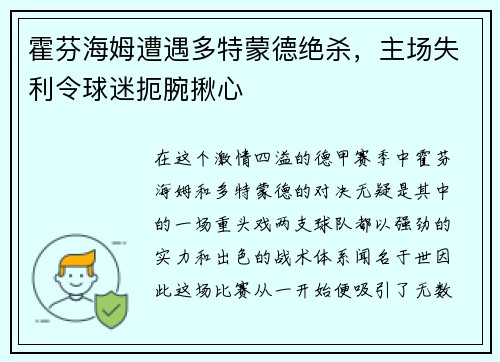 霍芬海姆遭遇多特蒙德绝杀，主场失利令球迷扼腕揪心