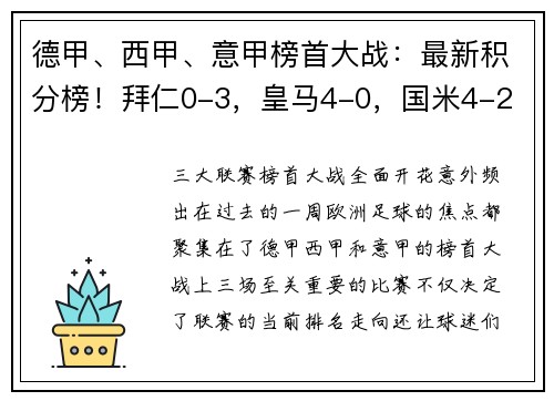 德甲、西甲、意甲榜首大战：最新积分榜！拜仁0-3，皇马4-0，国米4-2