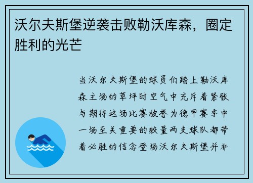 沃尔夫斯堡逆袭击败勒沃库森，圈定胜利的光芒