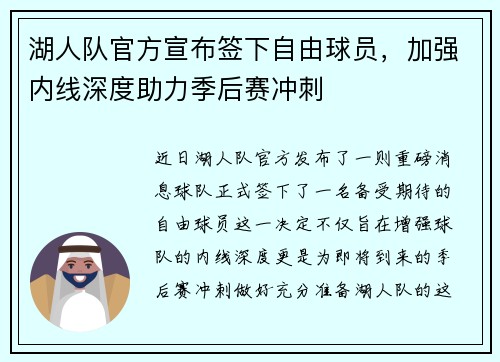 湖人队官方宣布签下自由球员，加强内线深度助力季后赛冲刺