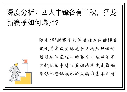 深度分析：四大中锋各有千秋，猛龙新赛季如何选择？