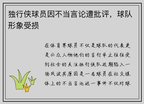 独行侠球员因不当言论遭批评，球队形象受损