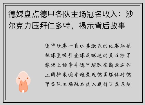 德媒盘点德甲各队主场冠名收入：沙尔克力压拜仁多特，揭示背后故事