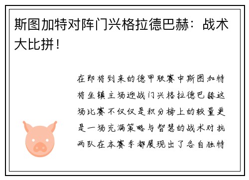 斯图加特对阵门兴格拉德巴赫：战术大比拼！